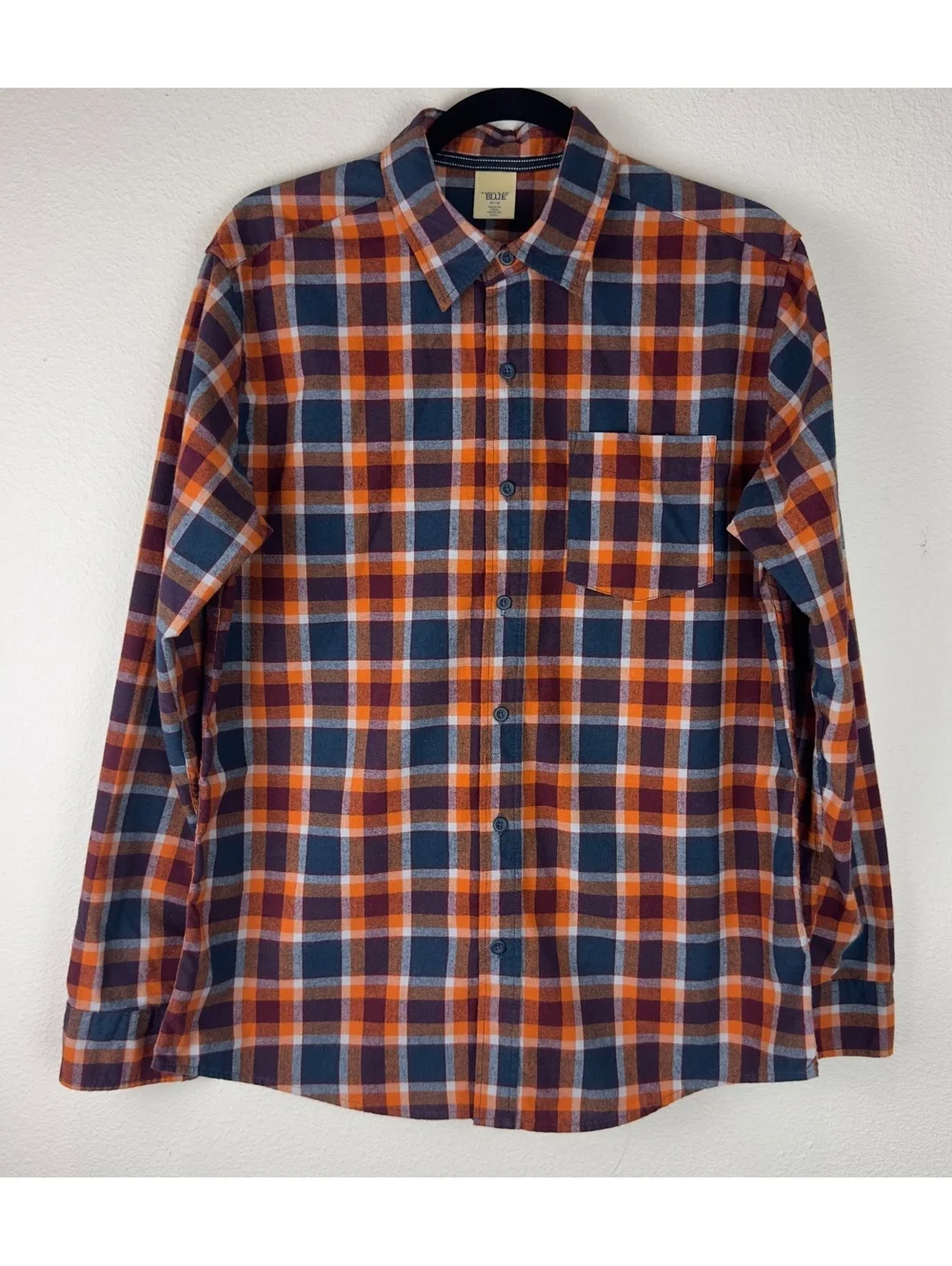 Blue Men’s Medium Plaid Flannel Shirt Orange Blue Burgundy Long Sleeve Button Up